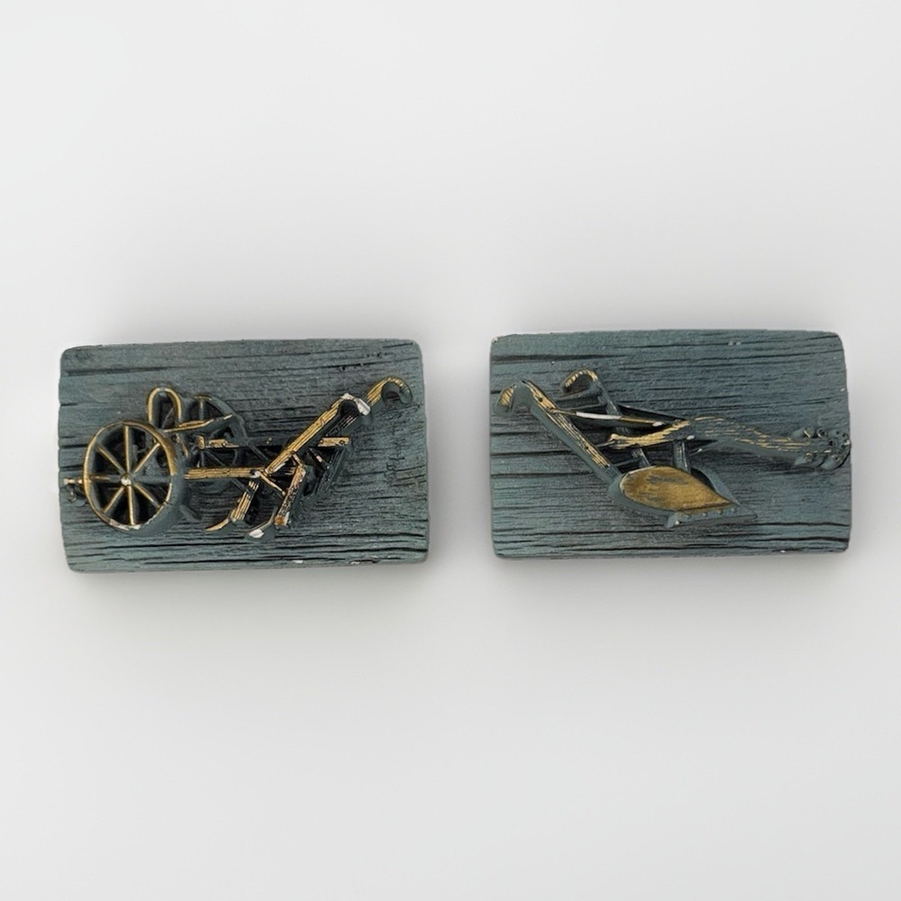 Vintage 3D Farm Equipment Wall Plaques Set of 2 Rustic Plow & Drill Decor